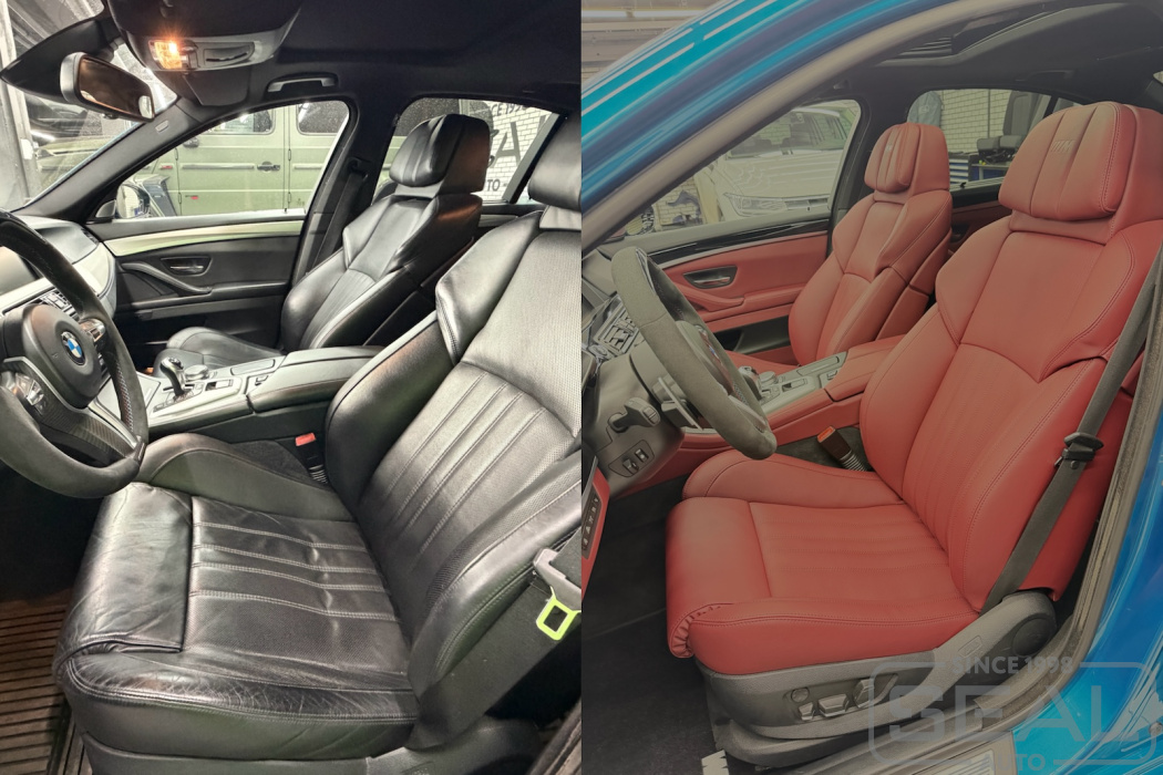 Салон автомобиля BMW 5-series M5 (F10) после перетяжки эко кожей Nappa