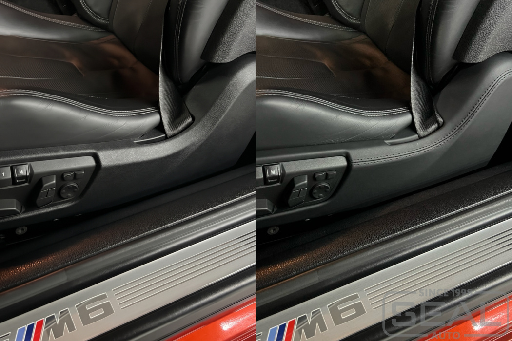 BMW 6-Series до и после перетяжки боковой панели переднего сиденья